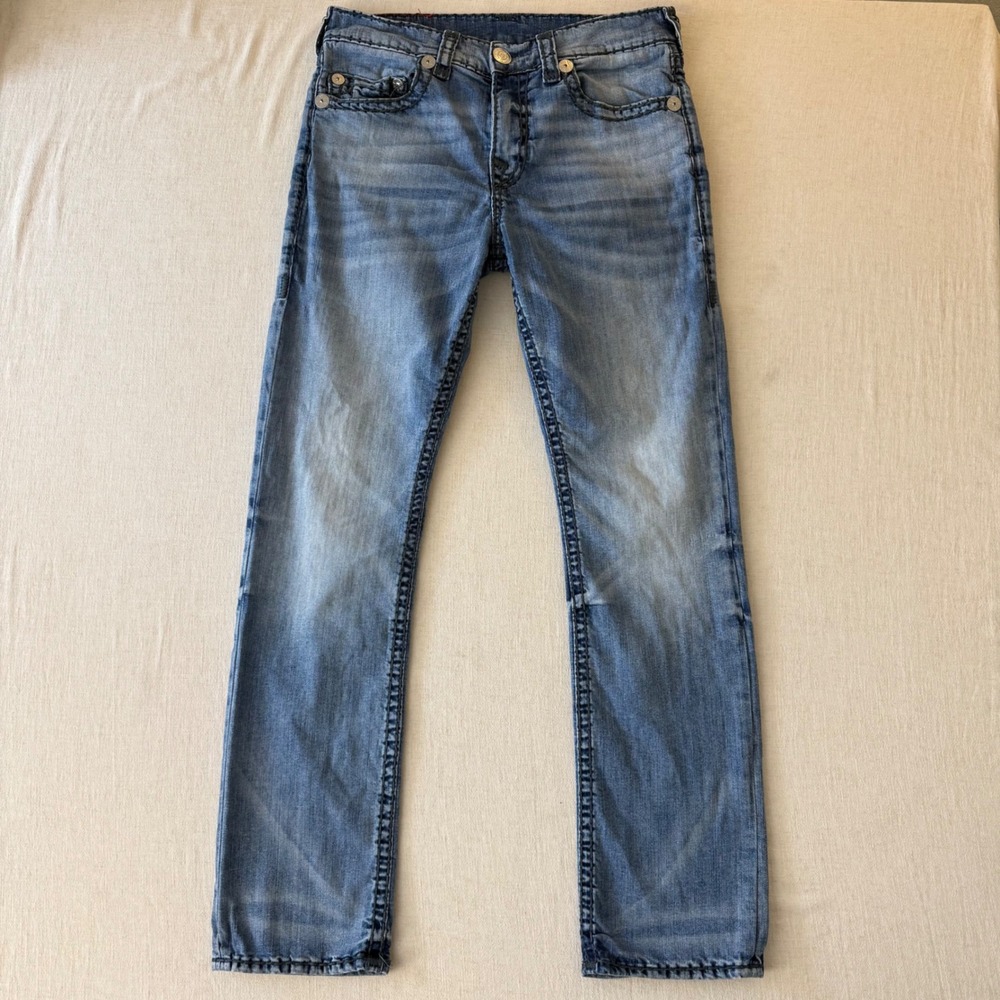 True Religion Ricky Relaxed Straight Jeans 34 Blue Contrast Stitch Y2K Denim